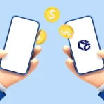 Mãos segurando smartphones com ícone de dólar e logo BCC, transferência de dinheiro.